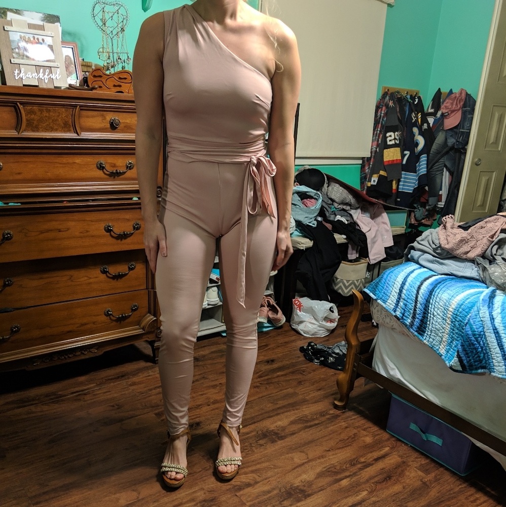 Blush pink one shoulder jumpsuit